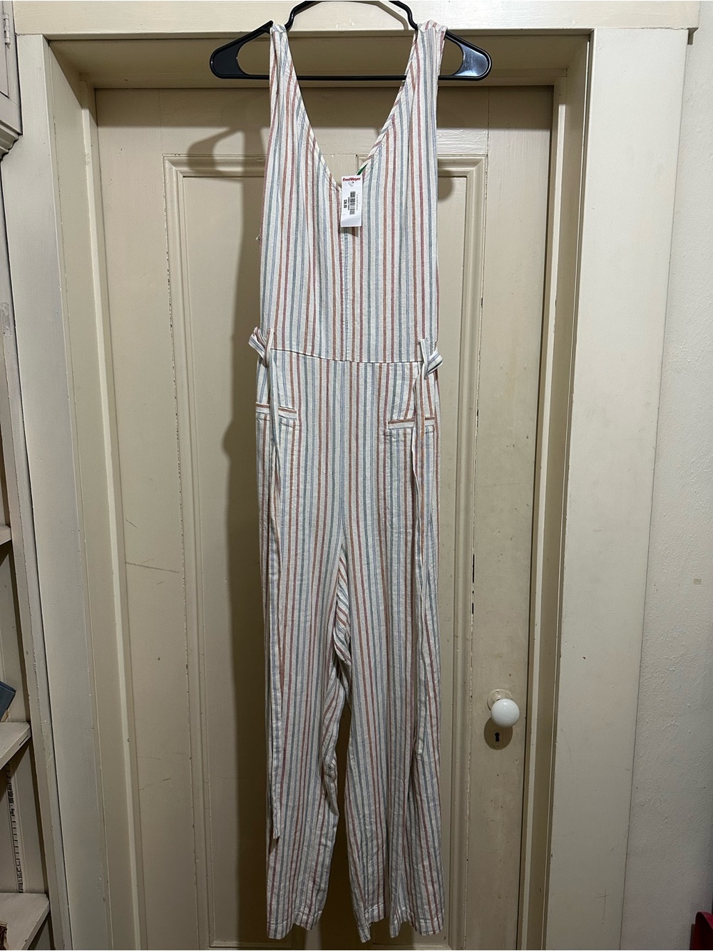 dip Striped V-Neck Jumpsuit in Cream, Blue & Coral